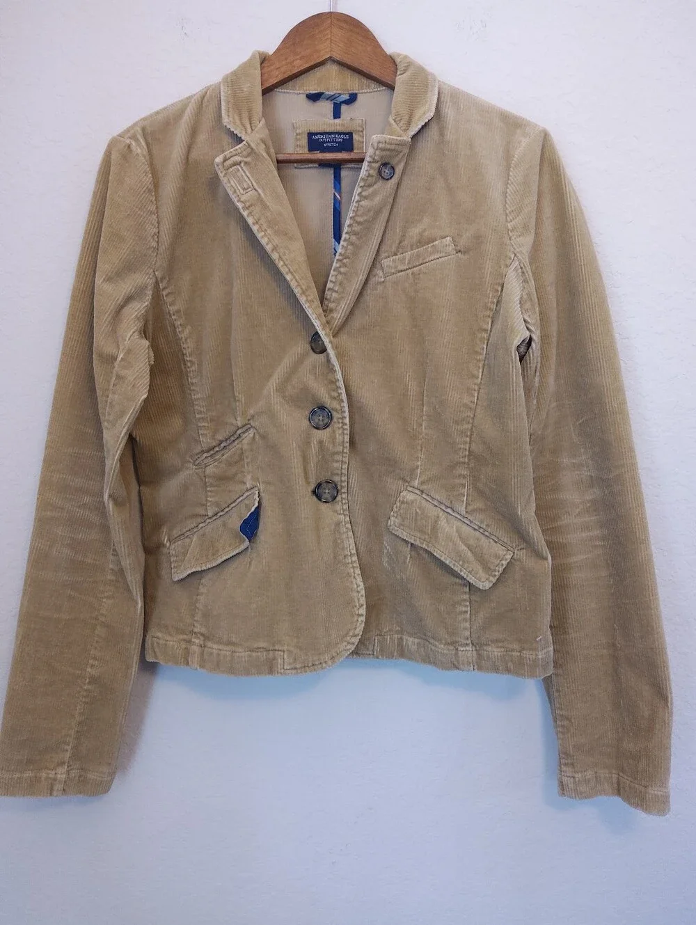 American Eagle Stretch Corduroy Blazer Womens Large Tan Flap‎ Pocket Academia